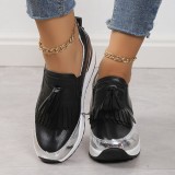 White Casual Daily Fringed Trim Patchwork Contrast Round PU Slip-on Platform Sneakers Shoes