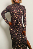 Brown Formal Office Casual Outing Leopard Print Half A Turtleneck Long Sleeve Lace Up Side Slit A Line Bodycon Maxi Dresses