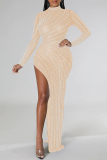 Apricot Hot Drilling See-Through Slit Turtleneck Long Sleeve Long High Slit Bodycon Glitter Prom Maxi Dress