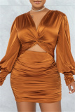 Blue Formal Office Casual V Neck Long Sleeve Hollow Out Wrapped Skirt Ruched Bodycon Mini Satin Dresses