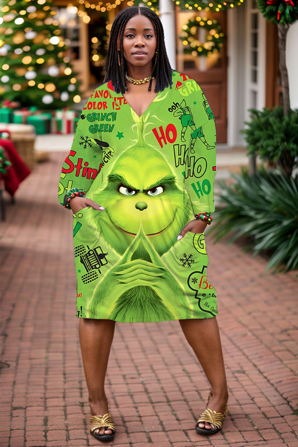 Multicolor Christmas Grinch Print Deep V Neck Long Sleeve Ankle Length Casual Outing Straight Loose Midi Dress with Pocket