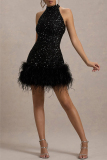 White Textured Sequin Evening Party Gown Sleeveless Zipper Feather Hemline Halter Bodycon Glitter Prom Mini Dress
