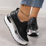 White Casual Daily Fringed Trim Patchwork Contrast Round PU Slip-on Platform Sneakers Shoes