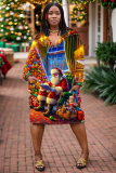 White Orange Santa Claus Christmas Tree Print Deep V Neck Long Sleeve Ankle Length Casual Outing Straight Loose Midi Dress with Pocket
