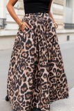 Casual Leopard Pocket Loose High Waist A-line Swing Long Skirts Bottoms