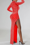 Apricot Hot Drilling See-Through Slit Turtleneck Long Sleeve Long High Slit Bodycon Glitter Prom Maxi Dress