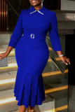 Blue Formal Evening Party Prom Wedding Guest Gown Turndown Collar Nine Points Sleeve Fishtail Hem Bodycon Maxi Dresses