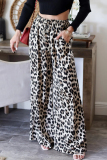 Casual Leopard Pocket Lace Up Loose High Waist Drawstring Wide Leg Pants Bottoms