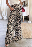Casual Leopard Pocket Lace Up Loose High Waist Drawstring Wide Leg Pants Bottoms