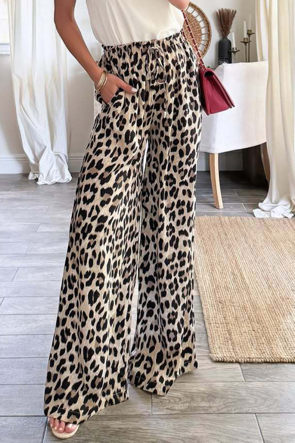 Casual Leopard Pocket Lace Up Loose High Waist Drawstring Wide Leg Pants Bottoms