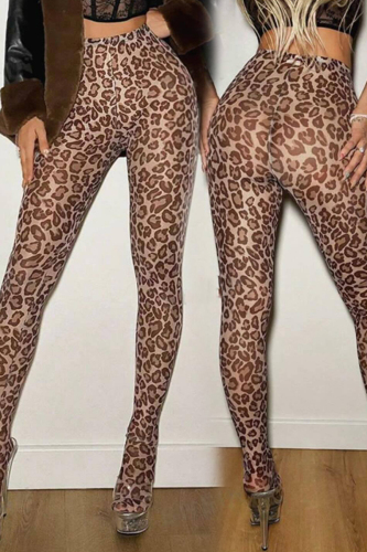 Brown Skinny Sexy Leopard Print Patchwork See-Through Sports Leggings Yoga Pants