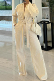 Apricot Casual Belted Lace up Cardigan Collar Long Sleeve Shirts and Wide Leg Pants Two Pieces Sets