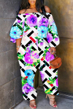 Light Purple Floral Print Off Shoulder Long Sleeve Harem Loose Overall Jumpsuits