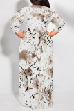 Beige Geometric Print Short Sleeve Scarf Collar Floor-Length Lace Up Loose Vacation Plus Size Maxi Dresses