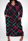 Black Gold Graphics Boho Print V Neck Long Sleeve Pocket Straight Loose Casual Outing Plus Size Maxi Dresses