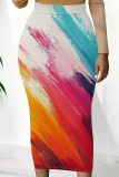 Blue Pink Casual Personalized Ink Painting Mid Waist Vacation Bodycon Maxi Skirt