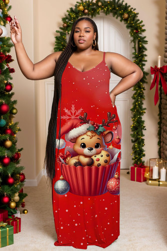 Red Christmas Print Backless Spaghetti Strap Floor Length Vacation Baggy Sundress Slip Maxi Dress