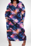 Black Gold Graphics Boho Print V Neck Long Sleeve Pocket Straight Loose Casual Outing Plus Size Maxi Dresses