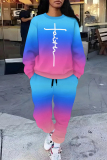 Red Purple Gradient Sportwear Letter Print Round Neck Long Sleeve Sweatshirt and Sweatpant Fall Winter Two Pieces Sweatsuit Set