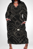 Black Gold Graphics Boho Print V Neck Long Sleeve Pocket Straight Loose Casual Outing Plus Size Maxi Dresses