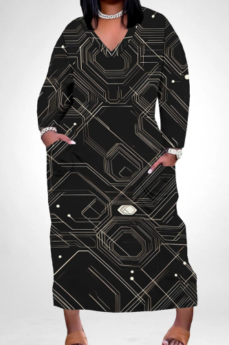 Black Gold Graphics Boho Print V Neck Long Sleeve Pocket Straight Loose Casual Outing Plus Size Maxi Dresses