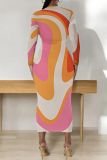 Sky Blue Formal Office Casual Outing Geometric Print O Neck Long Sleeve Bodycon Maxi Dresses
