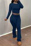 Dark Blue Skinny Round Neck Long Sleeve T-shirt and Belted Flared Pants Two Pieces Matching Sets