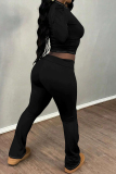 Dark Blue Skinny Round Neck Long Sleeve T-shirt and Belted Flared Pants Two Pieces Matching Sets