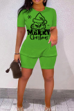 Green Christmas Outfit Grinch Cartoon Print O Neck Short Sleeve T-shirt And Shorts Casual Outing Two Pieces Shorts Sets