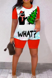 Red Black Christmas Outfit Cartoon Print O Neck Short Sleeve T-shirt And Shorts Casual Outing Two Pieces Shorts Sets