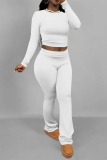 Dark Blue Skinny Round Neck Long Sleeve T-shirt and Belted Flared Pants Two Pieces Matching Sets