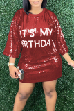 Blue Letters Sequins O Neck 3/4 Sleeve Casual Outing Straight Mini T-shirt Dresses