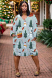 Multicolor Casual Christmas Party Outfit Graphics Print Basic V Neck Long Sleeve Loose Pockets Straight Midi Dress