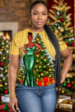 Pink Christmas Figure Girl Tree Print Round Neck Short Sleeve T-shirt Tops