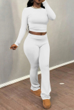 Dark Blue Skinny Round Neck Long Sleeve T-shirt and Belted Flared Pants Two Pieces Matching Sets
