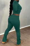 Dark Blue Skinny Round Neck Long Sleeve T-shirt and Belted Flared Pants Two Pieces Matching Sets