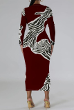 Sky Blue Formal Office Casual Outing Geometric Print O Neck Long Sleeve Bodycon Maxi Dresses