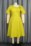 Yellow Party Formal Flowers Bow Detail Flared Sleeves Oblique Collar A Line Midi Dress