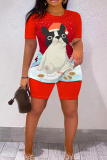 Red Black Christmas Outfit Cartoon Print O Neck Short Sleeve T-shirt And Shorts Casual Outing Two Pieces Shorts Sets