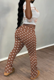 Purple Skinny Flowers Polka Dot Striped Print Contrast Round Neck Short Sleeve T-shirt and Belted Flared Pants Two Piece Sets