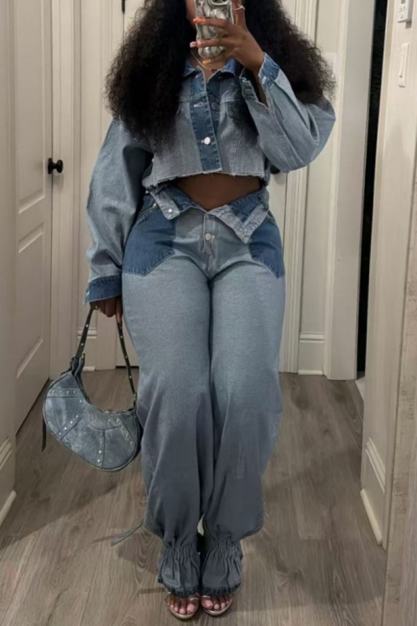 Blue Denim Contrast Buttons Contrast Turndown Collar Long Sleeve Jacket and Ankle Banded Pants Two Piece Sets