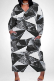Black Gold Graphics Boho Print V Neck Long Sleeve Pocket Straight Loose Casual Outing Plus Size Maxi Dresses
