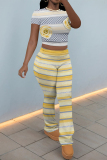 Purple Skinny Flowers Polka Dot Striped Print Contrast Round Neck Short Sleeve T-shirt and Belted Flared Pants Two Piece Sets