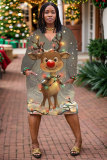Multicolor Casual Christmas Party Outfit Graphics Print Basic V Neck Long Sleeve Loose Pockets Straight Midi Dress