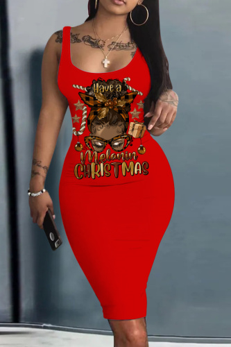 Red Pink Christmas Party Dress Graphics Print U Neck Sleeveless Knee Length Plus Size Bodycon Vest Midi Dresses