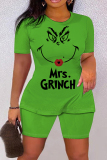 Green Christmas Outfit Grinch Cartoon Print O Neck Short Sleeve T-shirt And Shorts Casual Outing Two Pieces Shorts Sets