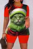Red Black Christmas Outfit Cartoon Print O Neck Short Sleeve T-shirt And Shorts Casual Outing Two Pieces Shorts Sets