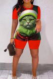 Red Black Christmas Outfit Cartoon Print O Neck Short Sleeve T-shirt And Shorts Casual Outing Two Pieces Shorts Sets