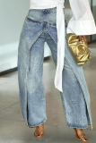 Blue Casual Loose Patchwork Mid Waist Straight Banana Shaped Fake Two Denim Wide-leg Pants Jeans