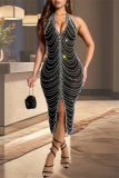 Black Formal Evening Party Prom Hot Drilling Backless Front Slit Wrapped Skirt Bodycon Glitter Prom Halter Maxi Dress